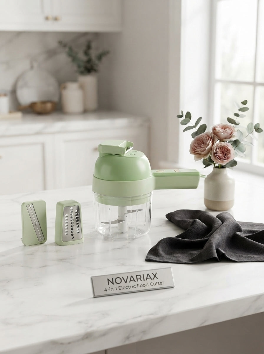 Novariax 4-in-1 electric food cutter with interchangeable blades on a white marble countertop with rose and charcoal kitchen 