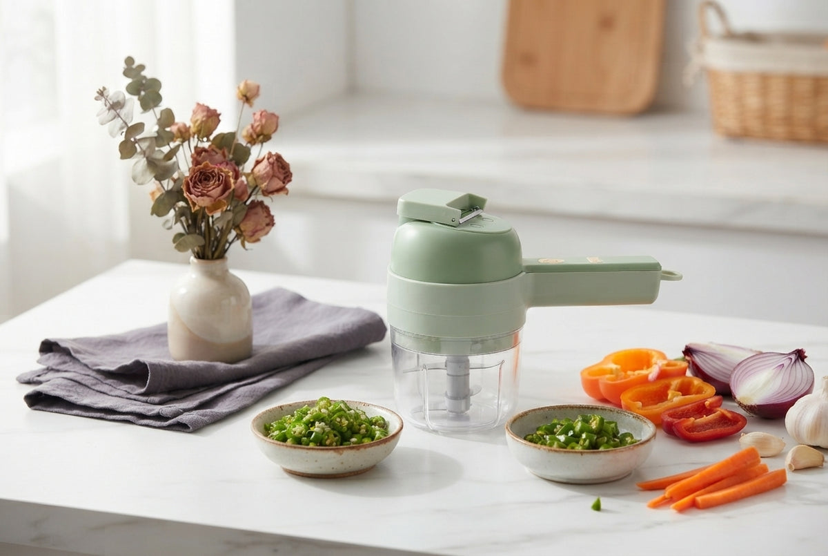 Novariax electric food cutter on a white kitchen counter with fresh vegetables and charcoal linen accents.
